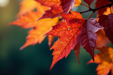 Close-up of vibrant autumn leaves, showcasing a rich color palette in an artistic arrangement.  Focus on depth and mood, evoke a sense of warmth and serenity.  Use dramatic lighting and a captivating 