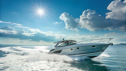 modern motorboat rushes across the sea
