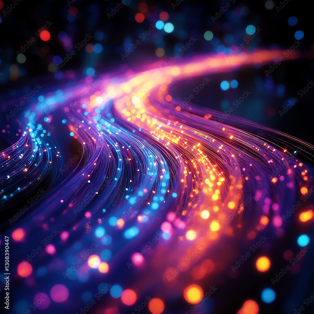 Aufkleber a dynamic display of glowing optical fiber cables in bright colors, flowing and curving through an u
