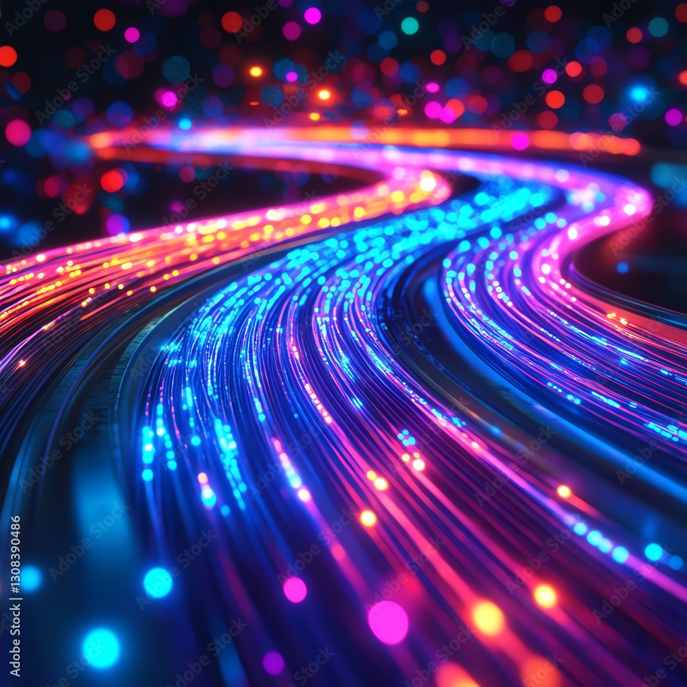 Aufkleber a dynamic display of glowing optical fiber cables in bright colors, flowing and curving through an u