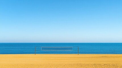 Serene beach volleyball court overlooking the tranquil deep blue ocean and golden sand at midday Generative AI