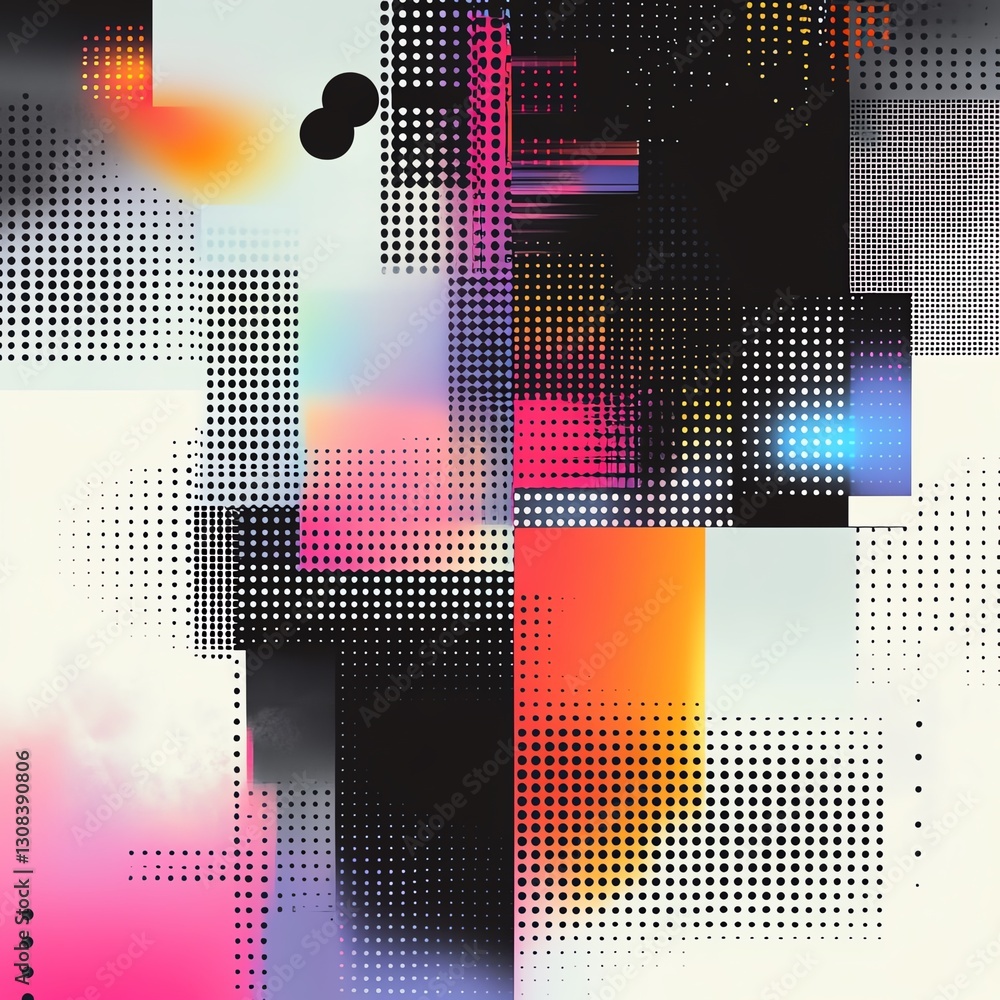 Poster Abstract background with geometric shapes in a grid pattern, sharp contrasting colors of black, white, and neon, creating a modern digital look
