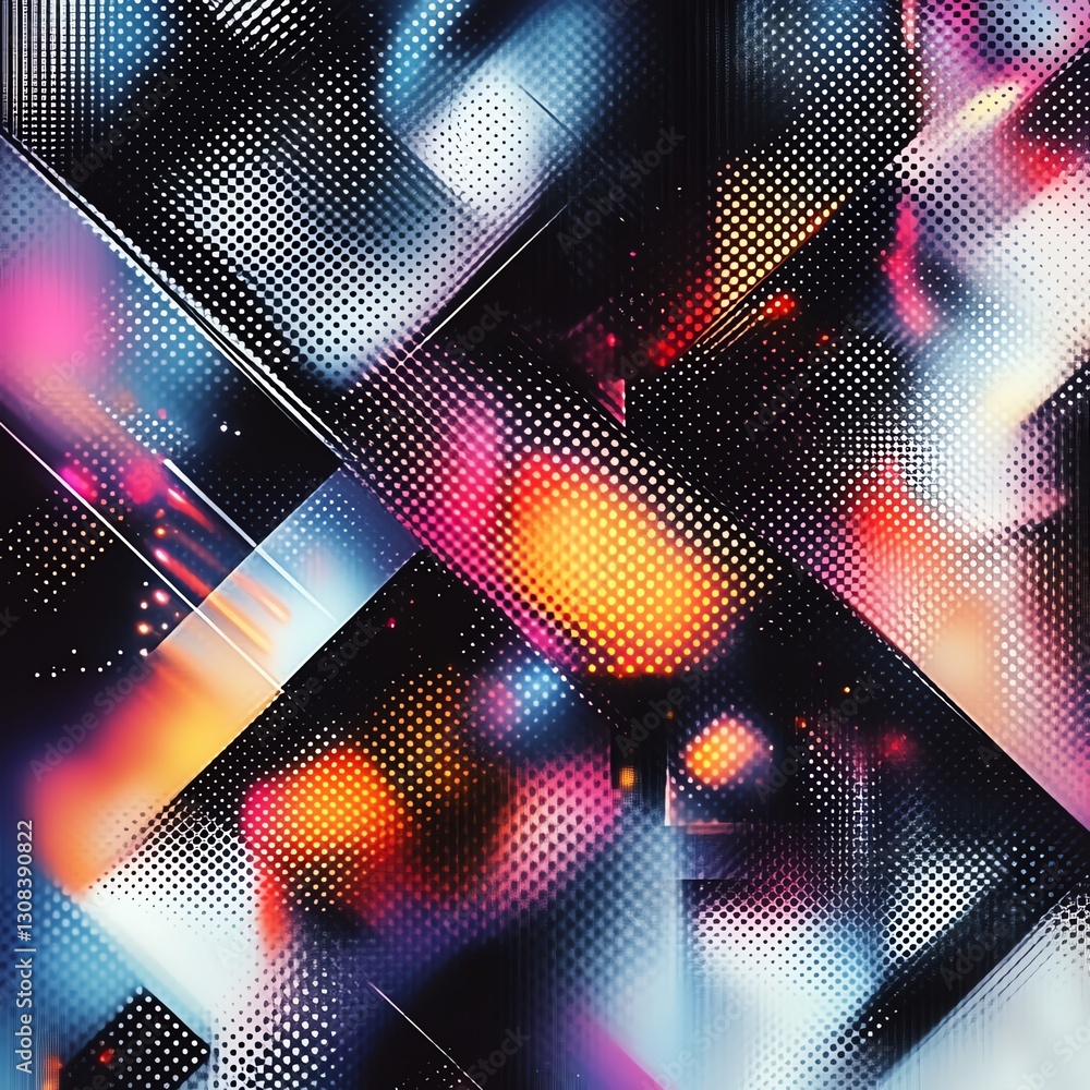 Poster Abstract background with geometric shapes in a grid pattern, sharp contrasting colors of black, white, and neon, creating a modern digital look