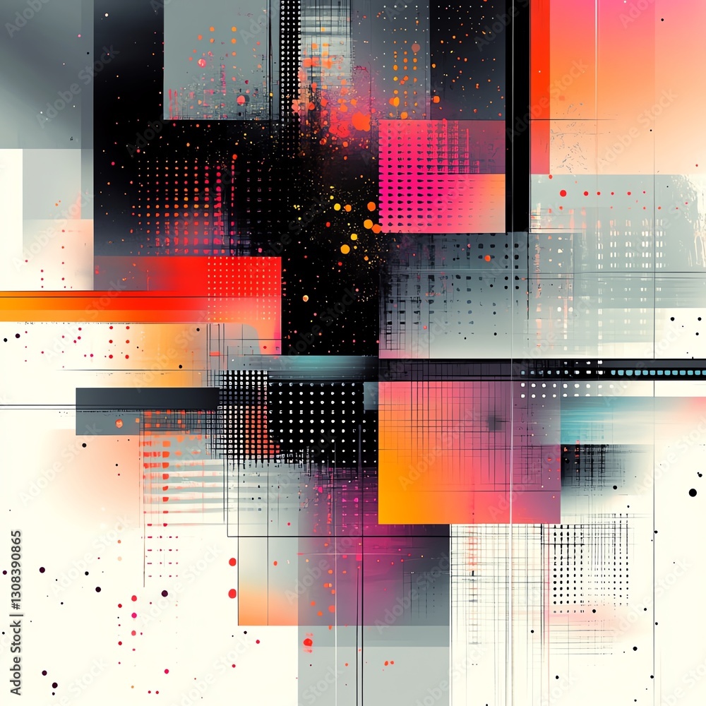 Poster Abstract background with geometric shapes in a grid pattern, sharp contrasting colors of black, white, and neon, creating a modern digital look