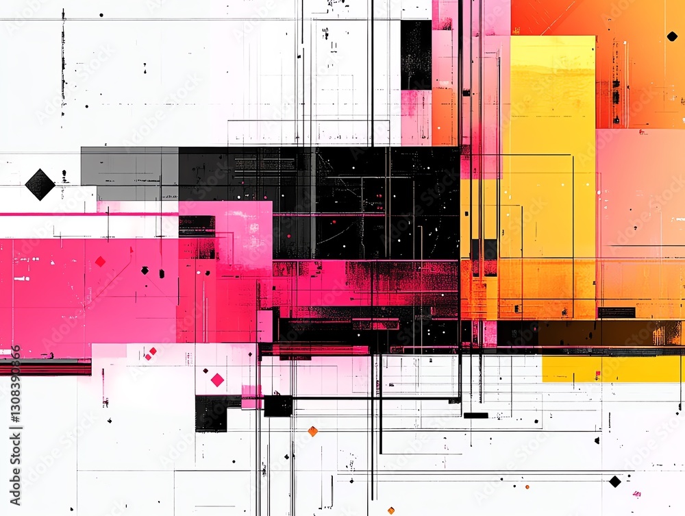 Poster Abstract background with geometric shapes in a grid pattern, sharp contrasting colors of black, white, and neon, creating a modern digital look