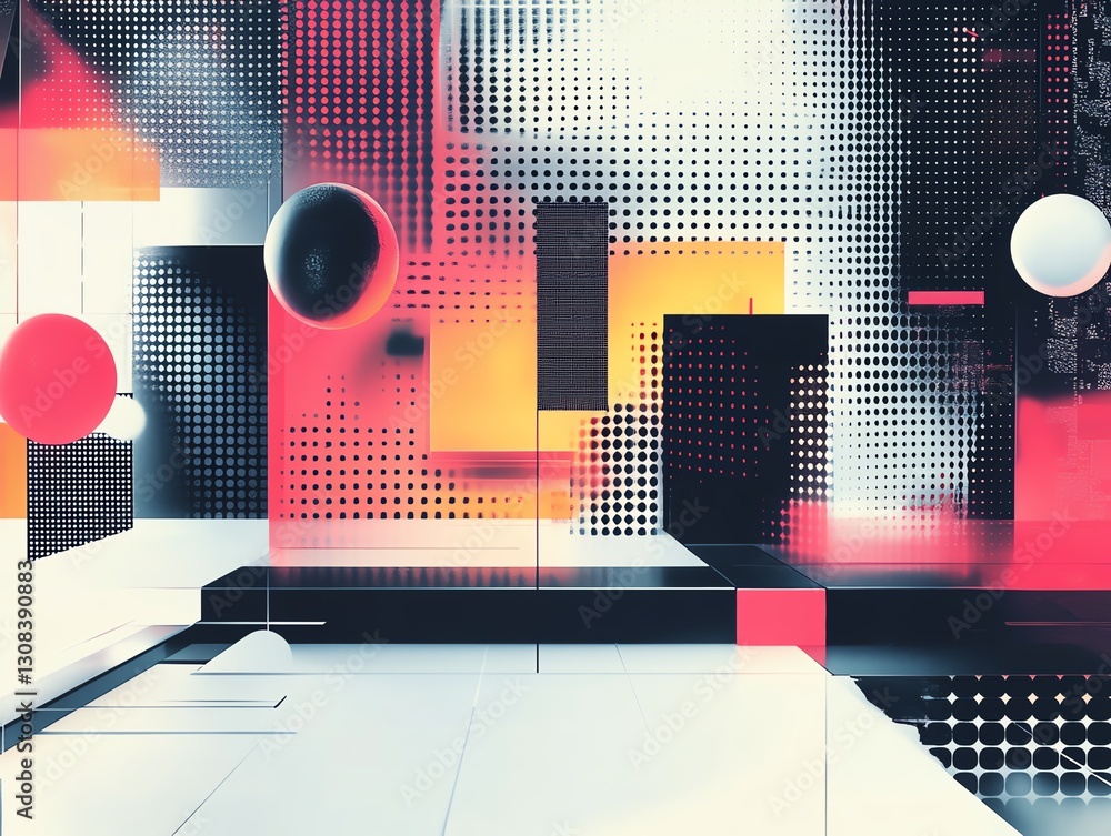 Leinwandbilder Abstract background with geometric shapes in a grid pattern, sharp contrasting colors of black, white, and neon, creating a modern digital look