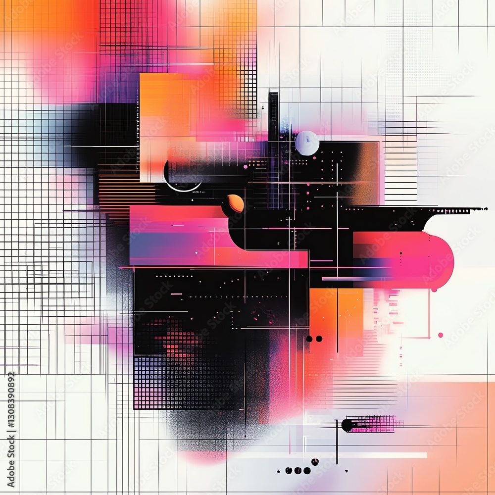 Poster Abstract background with geometric shapes in a grid pattern, sharp contrasting colors of black, white, and neon, creating a modern digital look