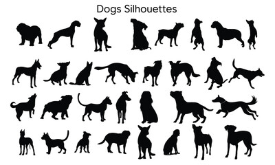 Set of dog silhouette vector. Dogs and puppies in different breed, corgi, golden retriever, poses, sitting, standing, jump. Hand drawn pet animals for pet shop, logo design, decorative, sticker 