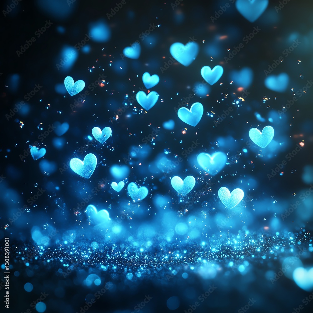 Poster abstract design of glowing blue hearts scattered across a dark background, neon glow effect with lig