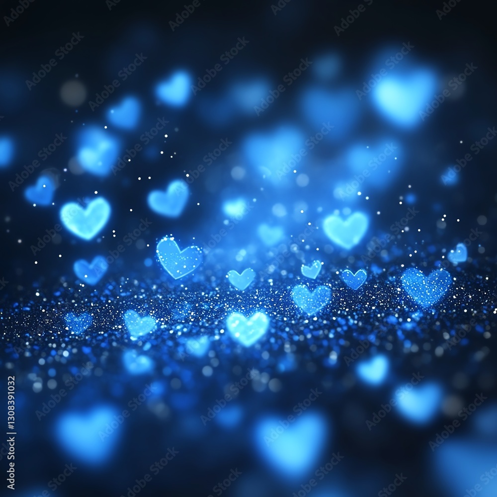 Poster abstract design of glowing blue hearts scattered across a dark background, neon glow effect with lig