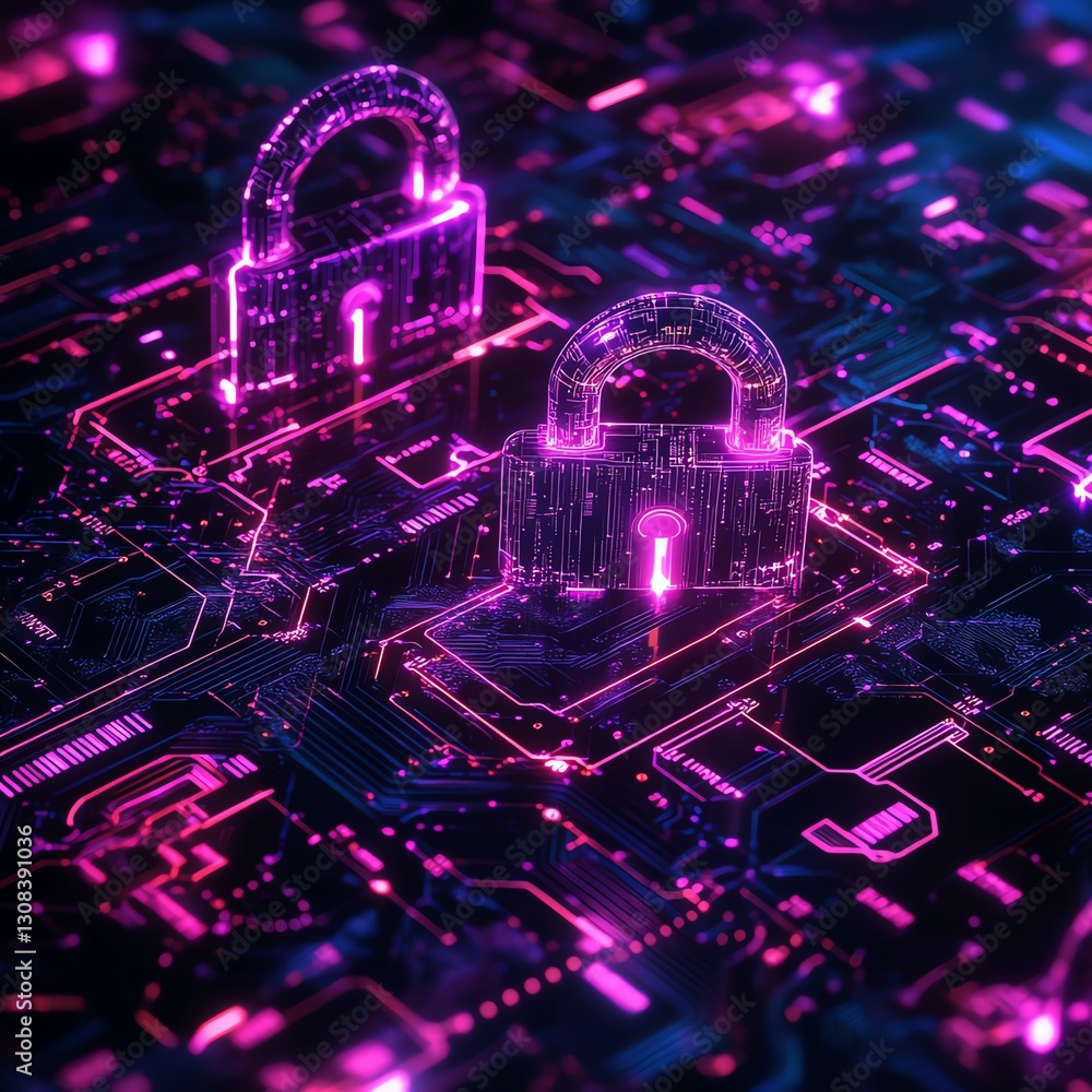 Aufkleber abstract digital security concept with glowing padlocks, data streams, and intricate circuitry patte