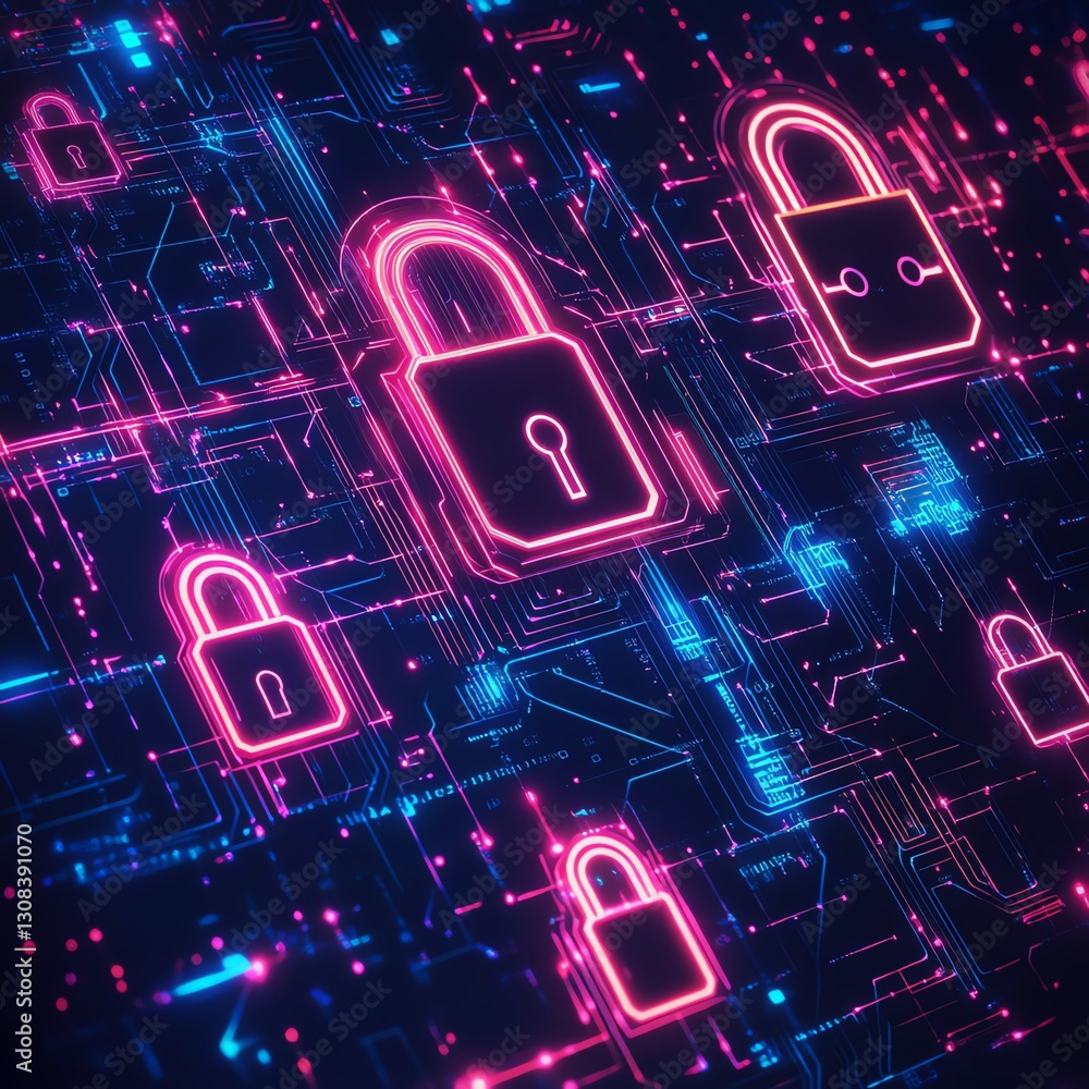 Fototapete abstract digital security concept with glowing padlocks, data streams, and intricate circuitry patte