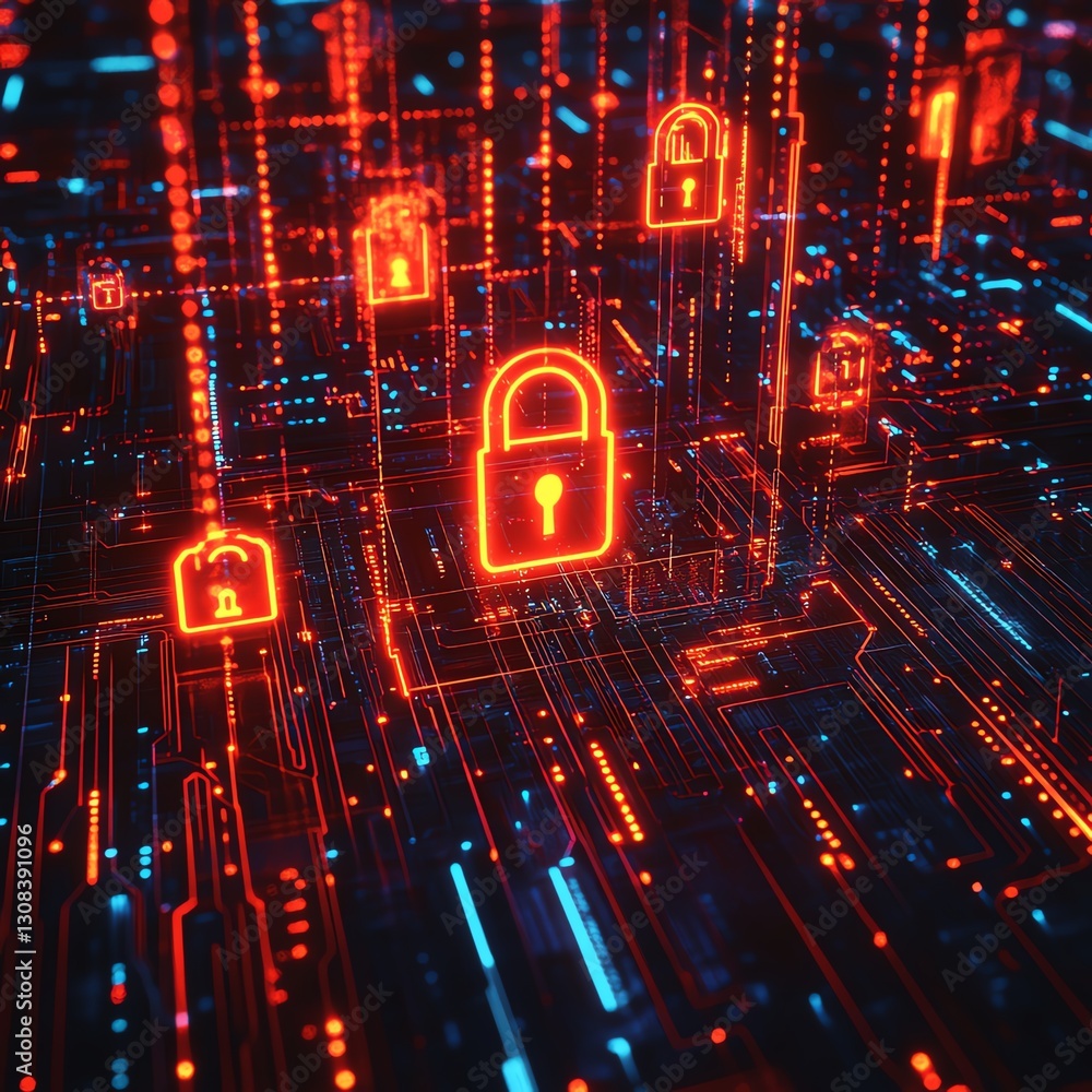 Fototapete abstract digital security concept with glowing padlocks, data streams, and intricate circuitry patte