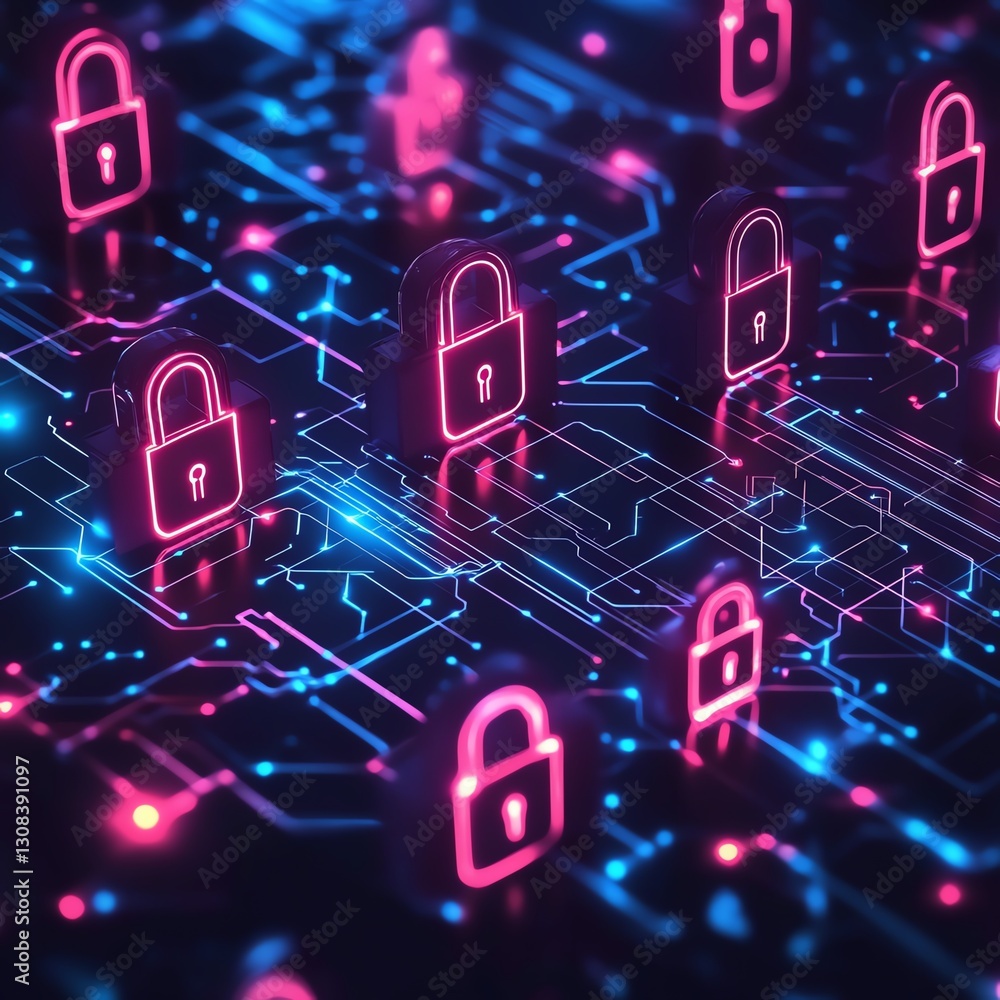 Fototapete abstract digital security concept with glowing padlocks, data streams, and intricate circuitry patte