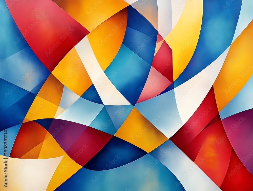 Fototapete abstract geometric background with overlapping shapes, vibrant colors of blue, red, and yellow, shar