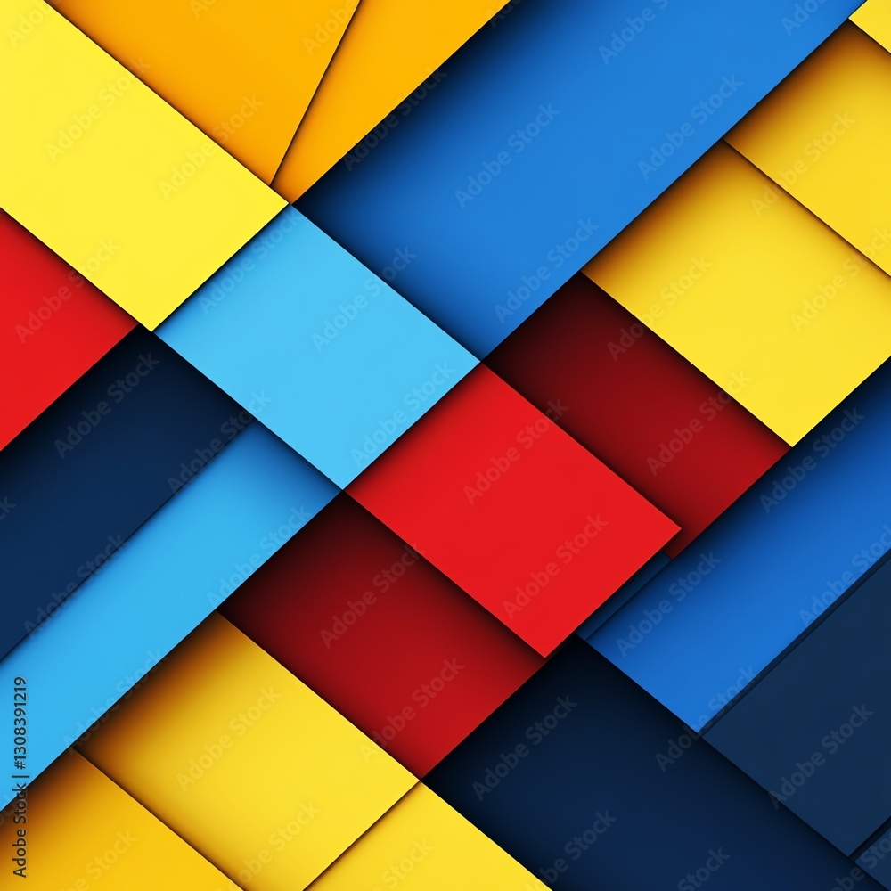 Fototapete abstract geometric background with overlapping shapes, vibrant colors of blue, red, and yellow, shar