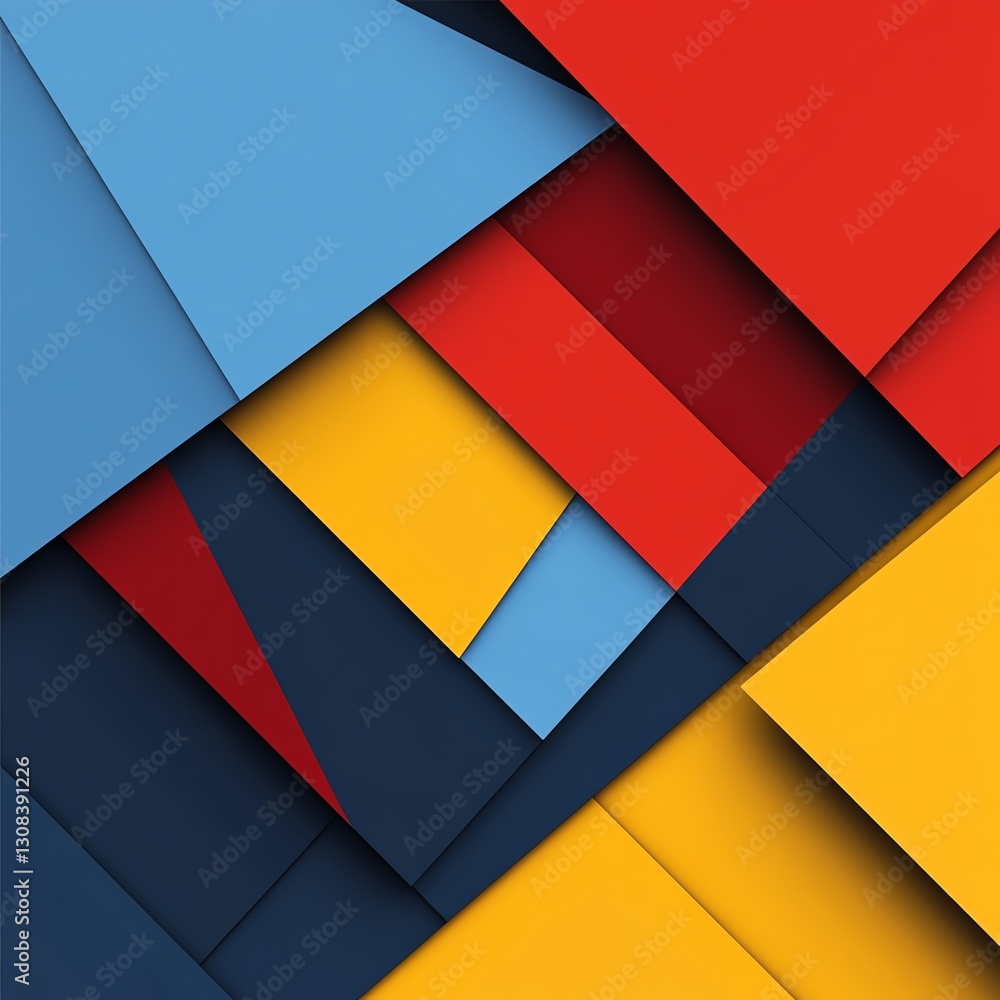 Poster abstract geometric background with overlapping shapes, vibrant colors of blue, red, and yellow, shar