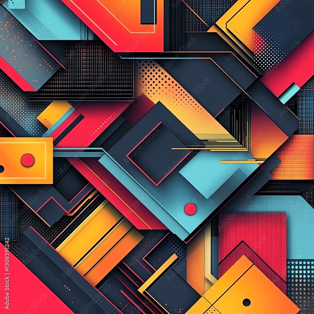 Poster abstract geometric background with layered 3d shapes, bold color contrasts, and intricate lines, evo