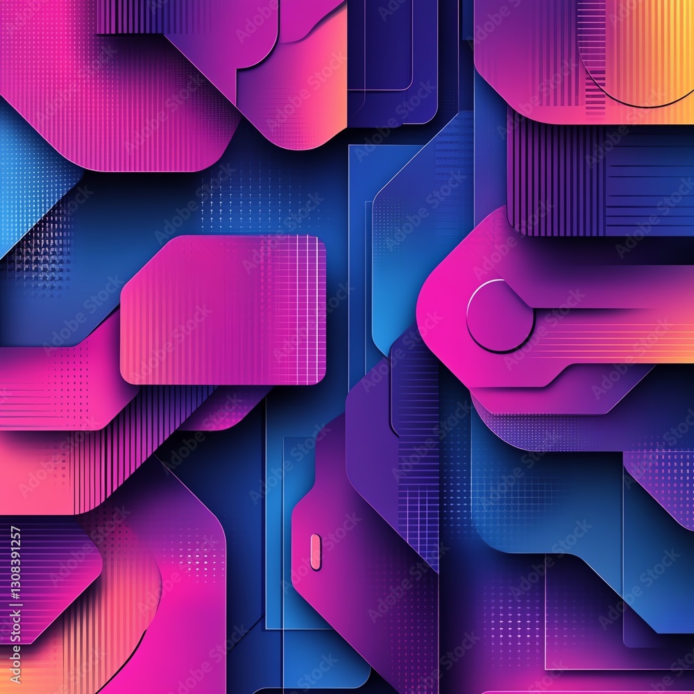 Poster Abstract geometric background with layered 3D shapes, bold color contrasts, and intricate lines, evoking a hightech, futuristic atmosphere