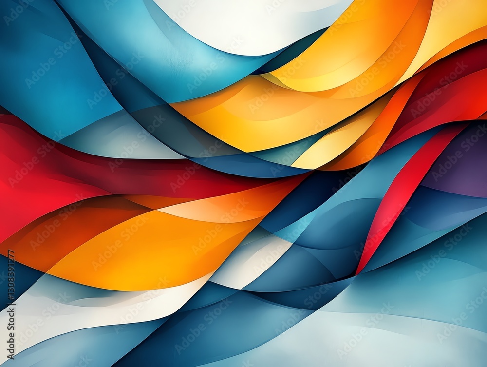 Fototapete abstract geometric background with overlapping shapes, vibrant colors of blue, red, and yellow, shar