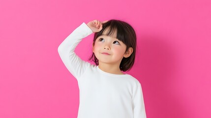 Fototapeta premium A curious child exploring the world with a playful gesture against a vibrant background