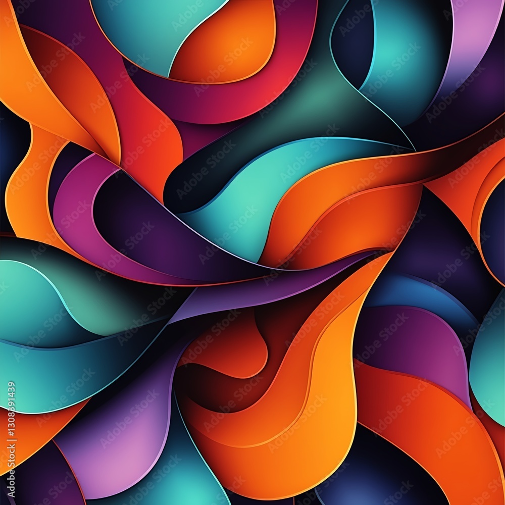 Poster abstract geometric shapes in a seamless pattern, vivid colors of orange, purple, and turquoise, smoo