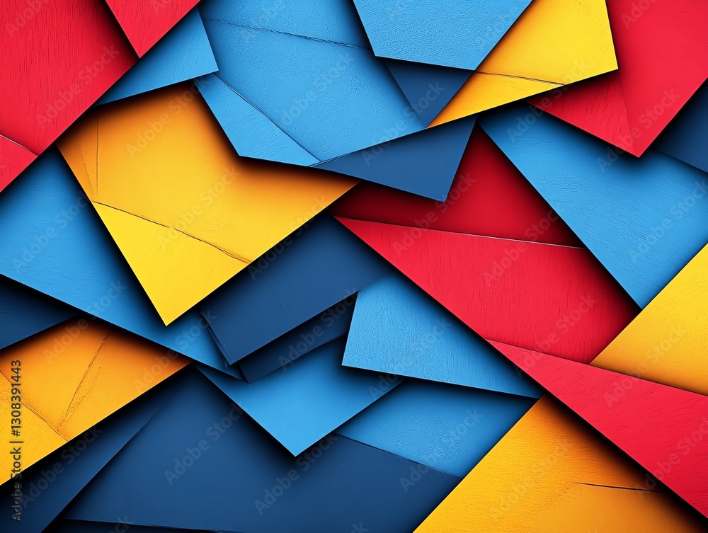 Poster abstract geometric background with overlapping shapes, vibrant colors of blue, red, and yellow, shar