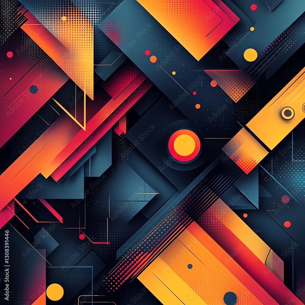 Poster abstract geometric background with layered 3d shapes, bold color contrasts, and intricate lines, evo