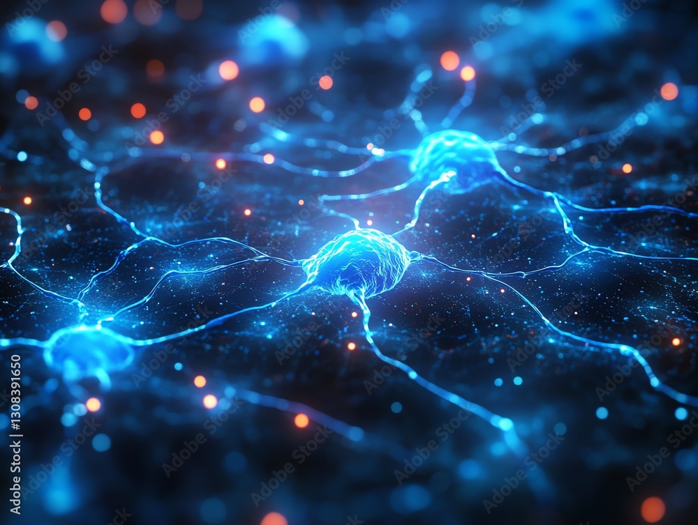Poster Abstract neural connections concept with glowing neural pathways, intricate web of interconnected neurons, vibrant electric blue and neon hues, futuristic design
