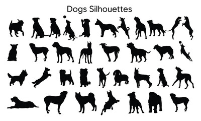 Dogs set silhouette on white background isolated