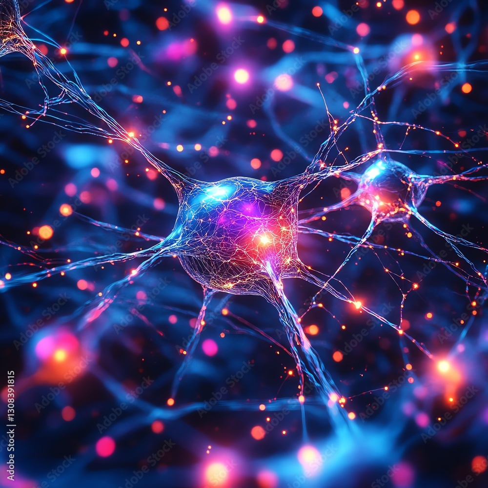 Poster abstract neural network with vibrant glowing connections between neurons, interconnected pathways an