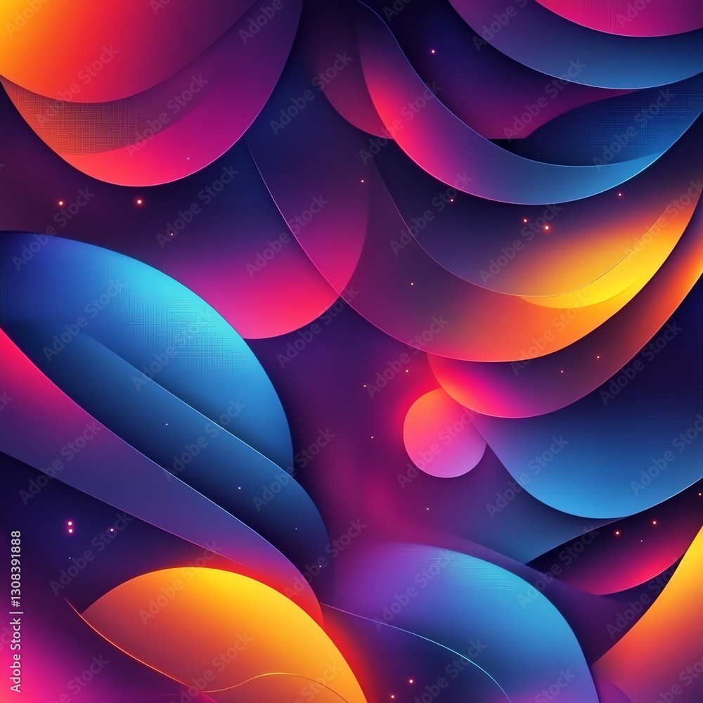 Poster Bold and vibrant abstract geometric pattern with 3D shapes and gradients, dynamic angles, illuminated by soft neon lights, futuristic design