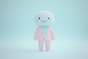 A cheerful marshmallow character in a pink suit smiles against a light blue background.