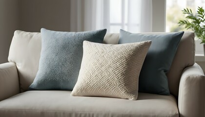 Cozy Living Room with Comfortable Pillows on Beige Sofa Near Window