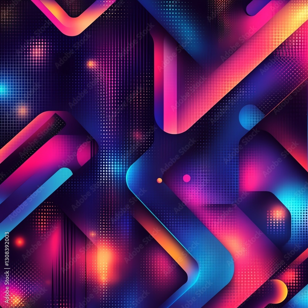 Leinwandbilder Bold and vibrant abstract geometric pattern with 3D shapes and gradients, dynamic angles, illuminated by soft neon lights, futuristic design