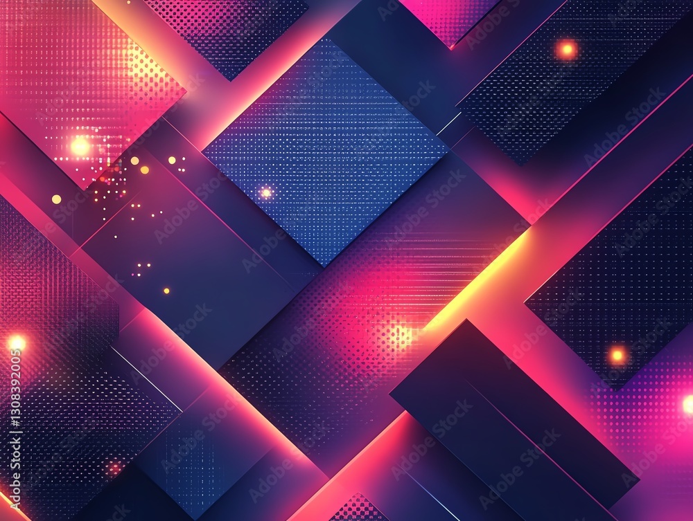 Poster Bold and vibrant abstract geometric pattern with 3D shapes and gradients, dynamic angles, illuminated by soft neon lights, futuristic design