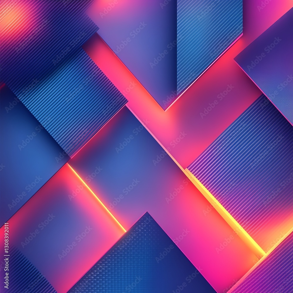 Poster Bold and vibrant abstract geometric pattern with 3D shapes and gradients, dynamic angles, illuminated by soft neon lights, futuristic design