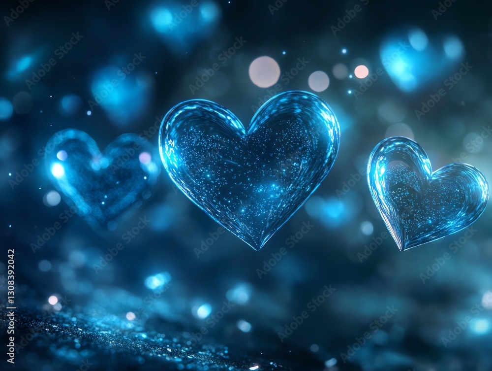 Poster Closeup of glowing blue hearts floating gently in a dark space, soft glowing light creating a serene and peaceful effect, ultrarealistic rendering