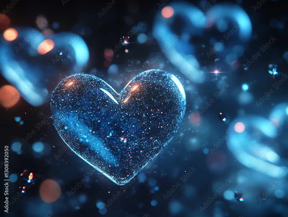 Aufkleber closeup of glowing blue hearts floating gently in a dark space, soft glowing light creating a serene