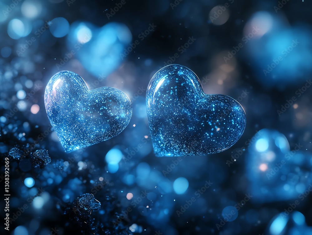 Aufkleber Closeup of glowing blue hearts floating gently in a dark space, soft glowing light creating a serene and peaceful effect, ultrarealistic rendering