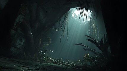 Dark Forest Cave Sunlight Rays Digital Art