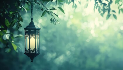 Ornate Metal Lantern Hanging Among Green Leaves in a Misty Forest