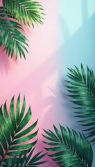 Obraz premium Pastel pink & blue background, lush tropical palm leaves , blue, vibrant
