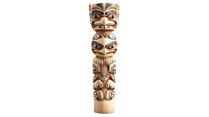 A tall wooden pole with carved faces on it