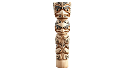 A tall wooden pole with carved faces on it