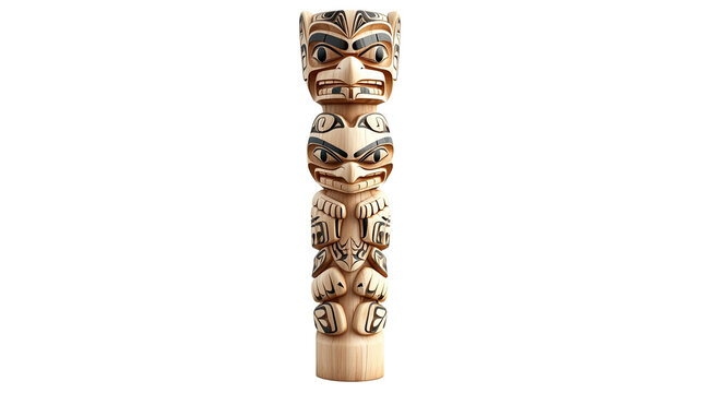 A tall wooden pole with carved faces on it