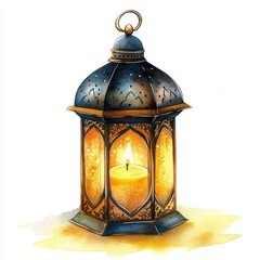 Ornate Metal Lantern with Glowing Candle Watercolor Painting