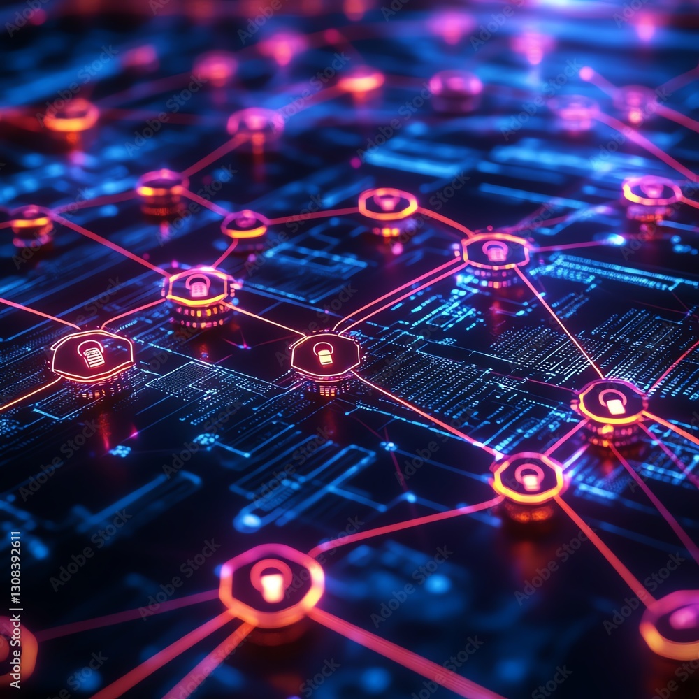 Leinwandbilder cybersecurity concept with interconnected nodes, glowing encryption keys, and secure digital data fl