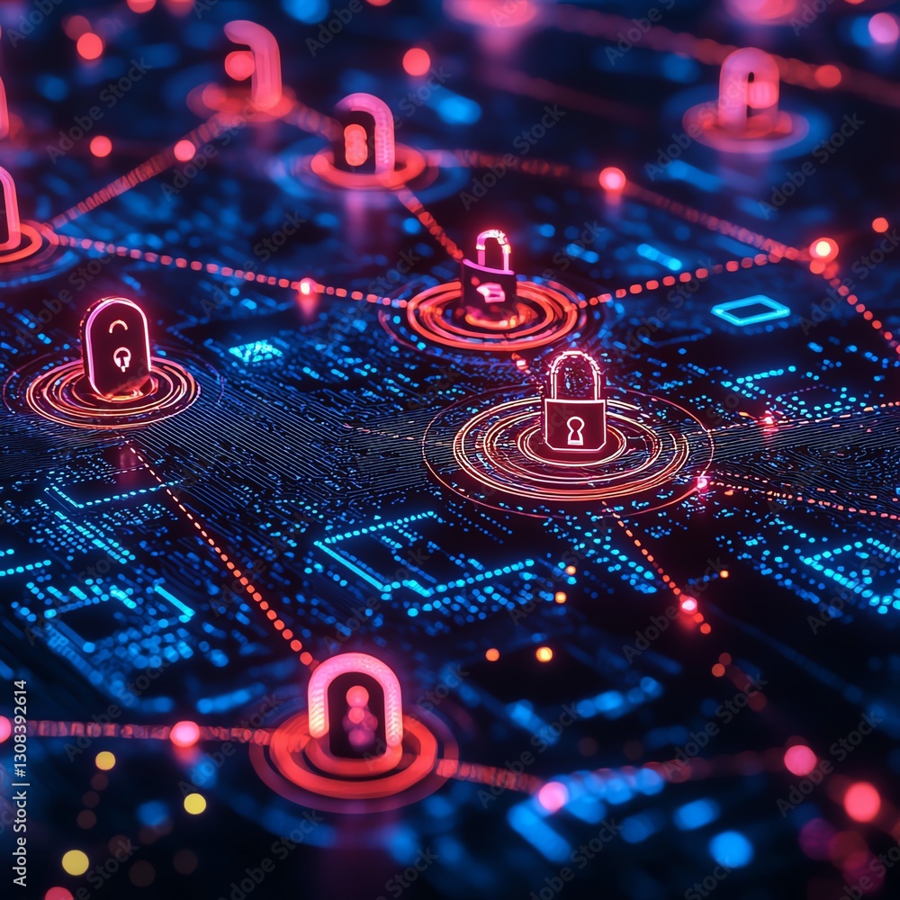 Poster Cybersecurity concept with interconnected nodes, glowing encryption keys, and secure digital data flow, hightech neon color scheme, futuristic aesthetic