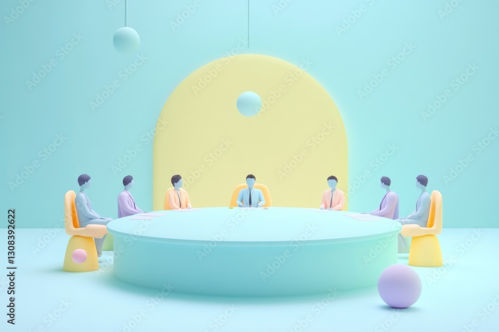 Poster pastel-colored figures sit around a round table in a minimalist setting for a meeting or discussion.